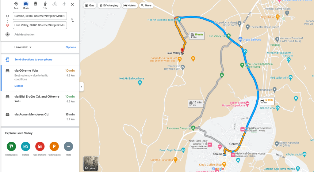 From Goreme to love valley in Cappadocia Turkey map